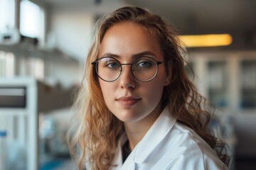 Fototapeta premium Portrait of a female scientist wearing glasses, conducting research in a modern laboratory setting