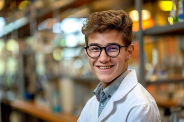 Fototapeta premium A young scientist in a lab coat and glasses conducting an experiment in a laboratory