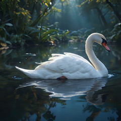 a white swan swimming in a pond with trees in the background