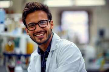 A young scientist in a lab coat and glasses conducting an experiment in a laboratory
