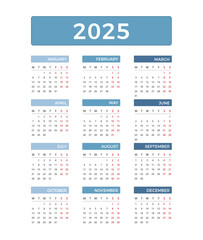 Vertical 2025 calendar, week starts on Monday, vector eps10 illustration