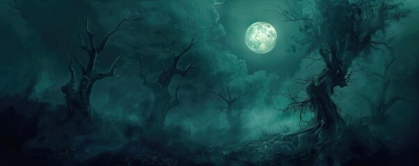 Fototapeta premium Eerie full moon night in a dark, foggy forest with twisted, leafless trees creating a haunting and mysterious atmosphere.