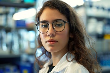 Fototapeta premium Portrait of a female scientist wearing glasses, conducting research in a modern laboratory setting