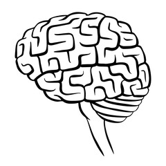 Hand-drawn black and white illustration of a human brain