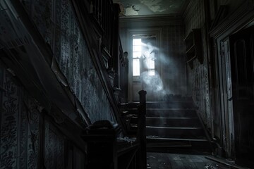 A dimly lit, decaying staircase in an abandoned house with light filtering through a window, evoking a sense of mystery and eerie calm.