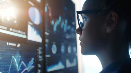 A focused professional in glasses analyzes complex data on multiple large screens, emphasized by the blue futuristic glow of various charts and graphs.