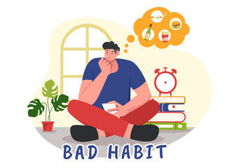 Vector Illustration of Bad Habits Featuring Unhealthy Lifestyles such as Eating Fast Food or Drinking Alcohol in a Flat Cartoon Style Background