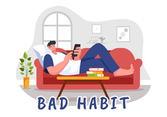 Vector Illustration of Bad Habits Featuring Unhealthy Lifestyles such as Eating Fast Food or Drinking Alcohol in a Flat Cartoon Style Background