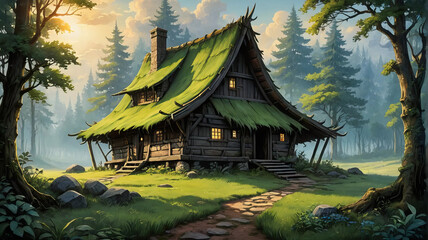 Hut in forest, a mystical retreat amid nature's embrace. Fantasy  wallpaper