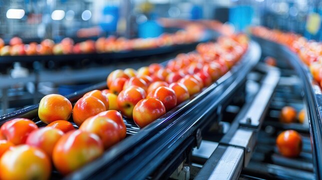 Picture of food production facilities, modern technology, detailed automatic machinery. The packaging is bright, colorful, clean and effective.