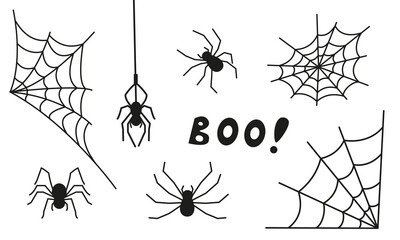 Vector set of design elements for Halloween. Image of different webs and spiders in doodle style. Set of icons with insects.
