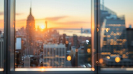 Fototapeta premium New York City Sunrise Reflection. Sunrise reflecting off the glass windows in New York City, with a blurred view of the iconic skyline.