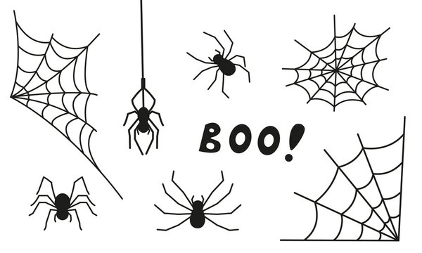 Vector set of design elements for Halloween. Image of different webs and spiders in doodle style. Set of icons with insects.