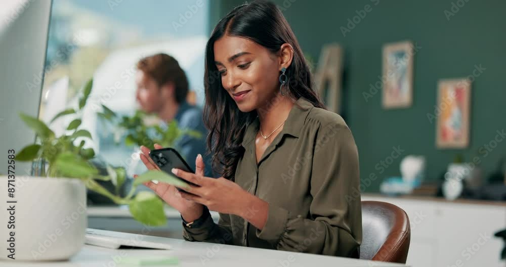 Aufkleber computer, phone and smile with designer woman in office for communication, networking or typing. cre