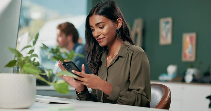 Computer, phone and smile with designer woman in office for communication, networking or typing. Creative employee check bank app, payment notification in workplace and contact with web development