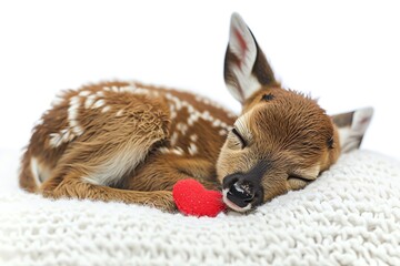 Cute fawn sleeping with a red heart on a white blanket.