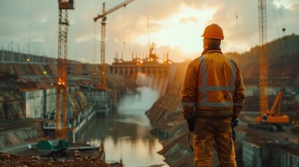 Hydroelectric Dam Construction at Sunset. Construction worker overseeing the building of a hydroelectric dam at sunset, highlighting the project's progress and industrial scale.