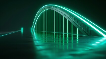 Obraz premium 3D bridge model with green neon illumination, dark background, detailed blueprint rendering, futuristic and visually striking
