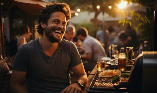 Happy man eating barbecue and drinking beer at poolside party.