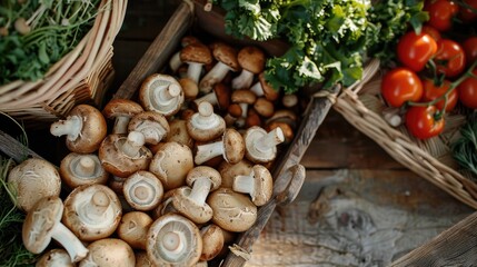 Fresh produce and mushrooms on wooden surface