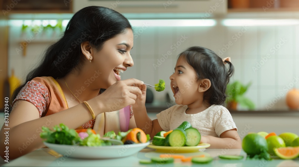 Wall mural Indian Woman feeds baby vegetables and smiles. The baby also smiles and eats healthy food