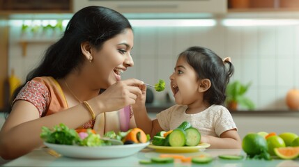 Indian Woman feeds baby vegetables and smiles. The baby also smiles and eats healthy food