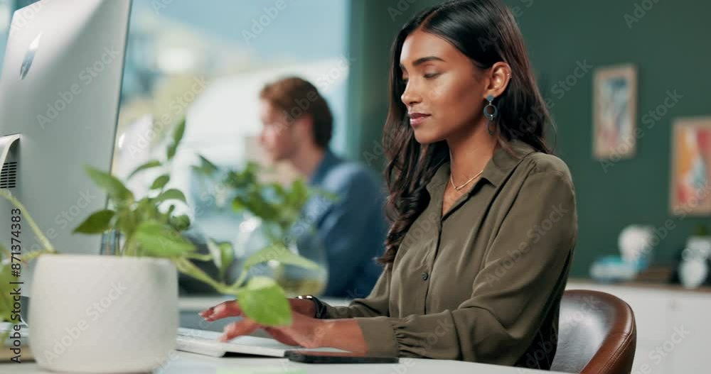 Poster Computer, design and phone with creative woman in office for communication, networking or typing. Bank, payment alert and notification with employee in workplace for contact or web development