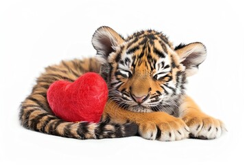 Cute tiger cub sleeping with red heart on white background