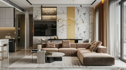 A luxurious modern living room features stylish furniture, marble walls, and warm natural light creating an inviting and sophisticated space.