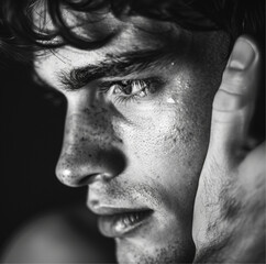 Obraz premium close up of an man's cheek getting slapped, sad man