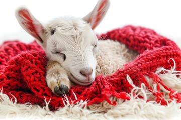 Cute baby goat sleeping in a red blanket.