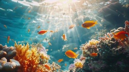 Fototapeta premium Colorful Fish Swimming Through Vibrant Coral Reef in Sunlight