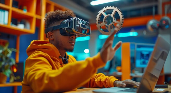 Young man using VR headset in a modern office setting, interacting with virtual object