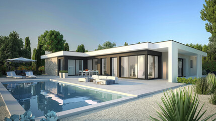 An aerial view of a single-story modern house with a pool, beautifully landscaped garden, and large patio under a clear blue sky.