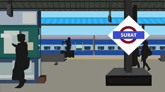 A Passenger Train arriving and people waiting on surat Railway station in gujarat India