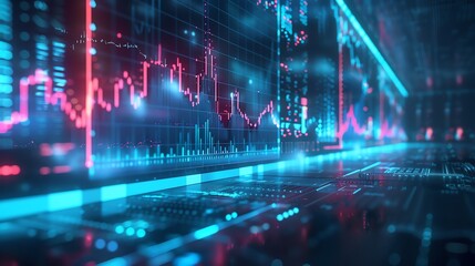 Futuristic digital interface with neon glowing graphs and data charts, representing analytics, technology, and financial trends.