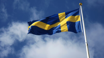 The Swedish flag, vivid against a blue sky with fluffy clouds, flutters proudly, embodying a sense of national pride and freedom.