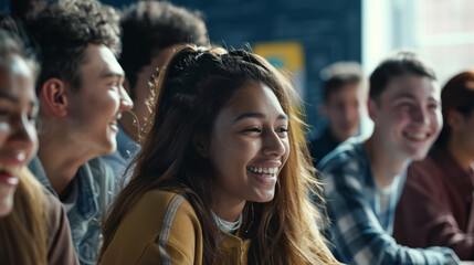 Fototapeta premium A student with long hair laughing among friends, creating an atmosphere of joy and warmth in a classroom setting.