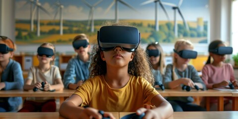 Group of students using VR headsets in a classroom for an immersive learning experience