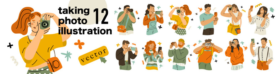 A set of characters using a phone to take photos and videos. A person takes a photograph of a landscape or product. The blogger creates content. Modern technologies. Vector flat illustration.