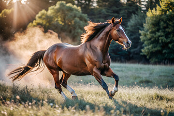 Obraz premium Photograph a horse galloping through a meadow at sunset