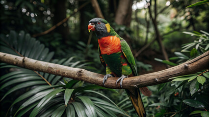A colorful parrot perched on a branch in a dense jungle