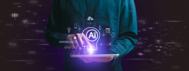 A person uses a tablet with AI interface featuring various icons related to artificial intelligence and technology. AI and the futuristic digital interface, the integration of AI in tech
