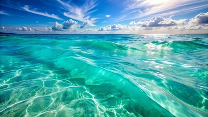 Vibrant turquoise ocean water texture with subtle wave patterns and soft focus, evoking a sense of serenity and natural beauty.