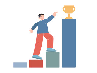 Achieve trophy go up man climb staircase leader achieve award in business earn award