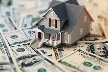 Model house on piles of money. Mortgage and home finance concepts.
