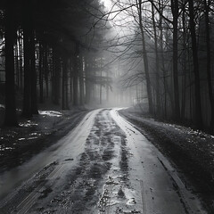 Obraz premium Empty asphalt road in the green coniferous forest.