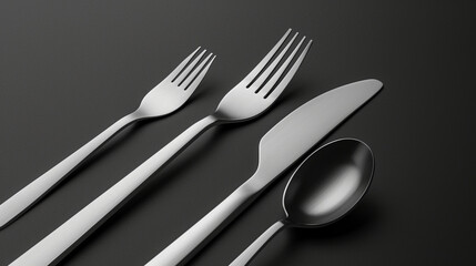 A minimalist cutlery mockup on a black background. The set includes a fork, knife, and spoon, each with a matte silver finish and modern design. They are arranged in a diagonal line, with bright,