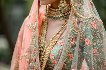An Indian bride wears a traditional green and pink embroidered lengha and gold jewelry.