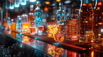 A concept art of a virtual bar interface, showing efficient tool integration and fluid control for mixing drinks in a digital environment